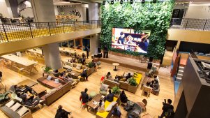 Coworking Spaces that host corporate members tend to be much bigger than usual coworking spaces. This is the event space at Naked Hub, a coworking space in Shanghai, that provides different working environments on eight floors.