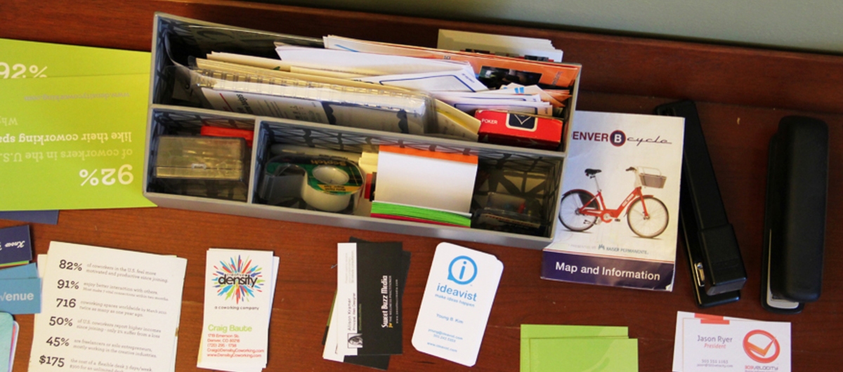 A table for business cards: Creative Density, a coworking space in Denver